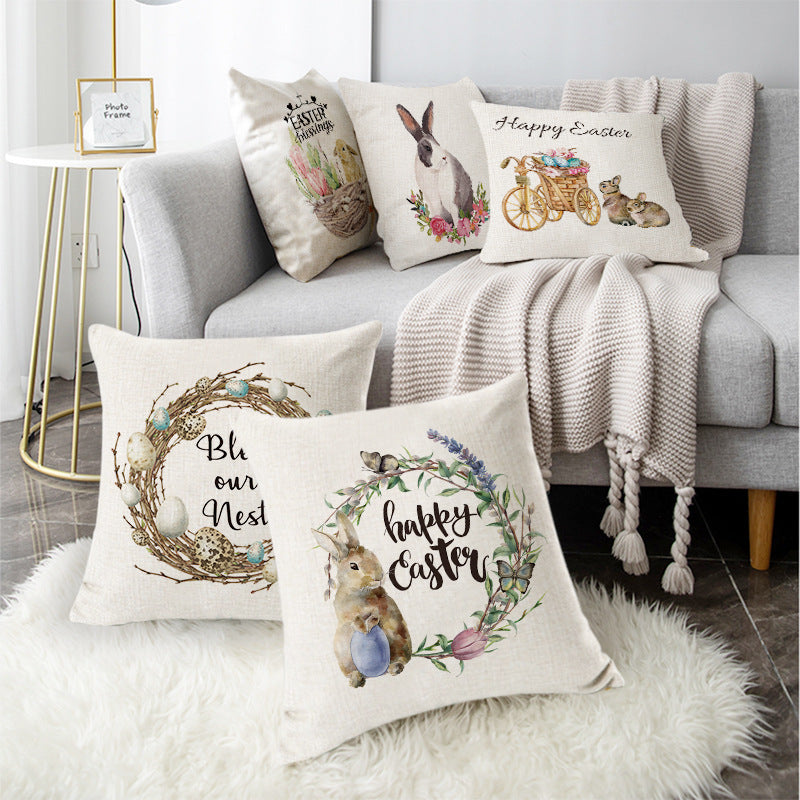 Customizable Easter Bunny Pillow Covers, 18x18 Inch, Bunny & Eggs Design, Woven Polyester, Decorative Cushion Covers for Living Room, Sofa, Bedroom