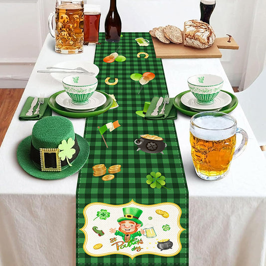 Customizable St. Patrick'S Day Linen Table Runner, 100% Woven Linen Rectangular Table Decor, with Shamrock Clover Design, for Irish Themed Parties, Holiday Dining, Indoor & Outdoor Use, Available in Multiple Sizes