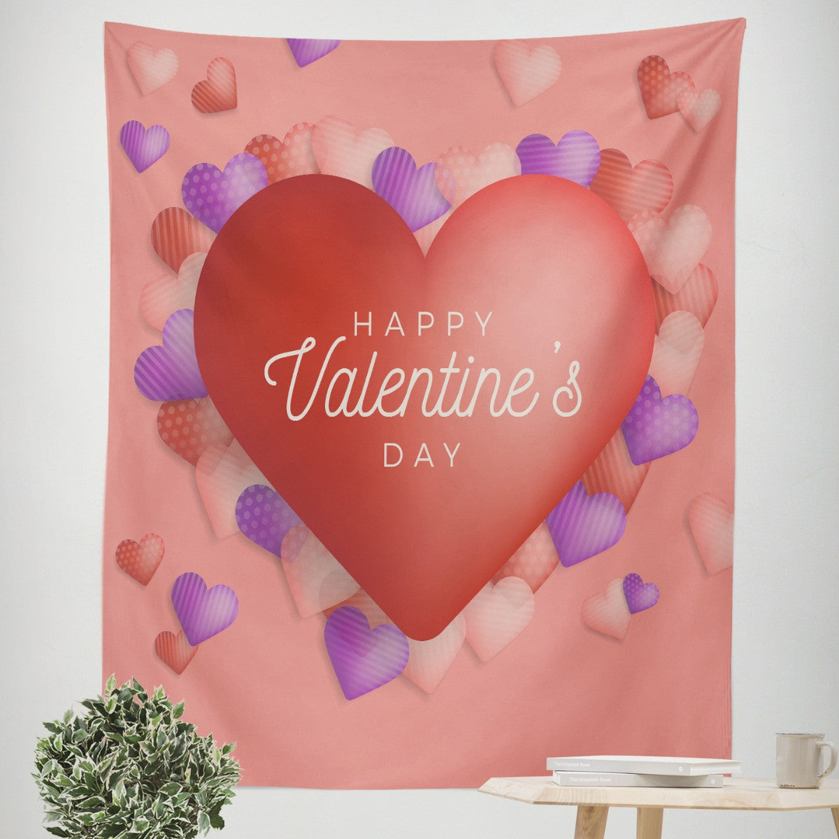 Customizable Happy Valentine's Day Tapestry Red Love Heart Shape Tapestry Decoration