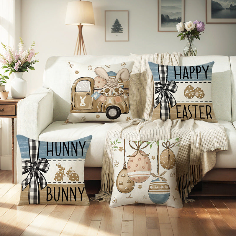 Customizable Easter Bunny Pillow Covers, 18x18 Inch, Bunny & Eggs Design, Woven Polyester, Decorative Cushion Covers for Living Room, Sofa, Bedroom