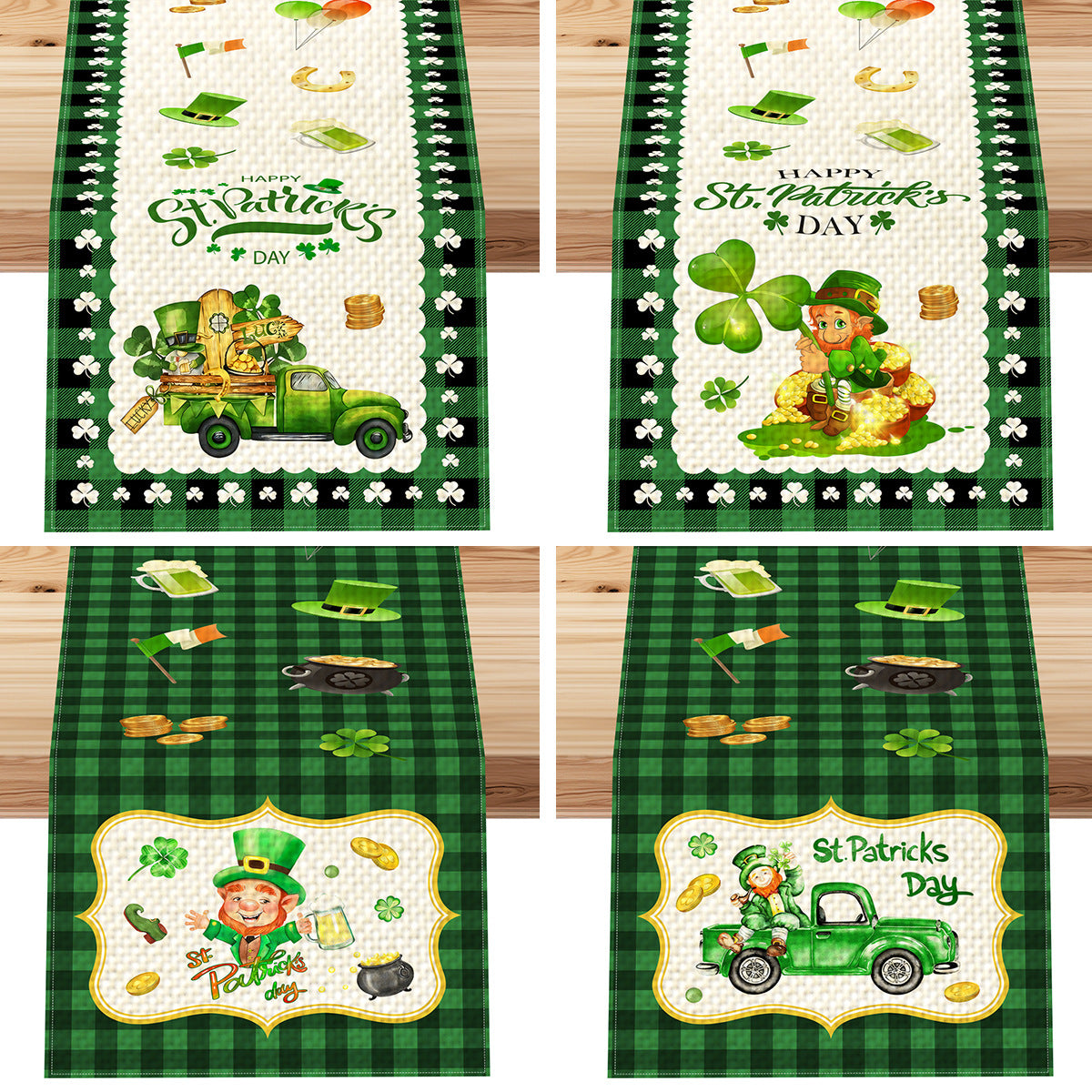 Customizable St. Patrick'S Day Linen Table Runner, 100% Woven Linen Rectangular Table Decor, with Shamrock Clover Design, for Irish Themed Parties, Holiday Dining, Indoor & Outdoor Use, Available in Multiple Sizes