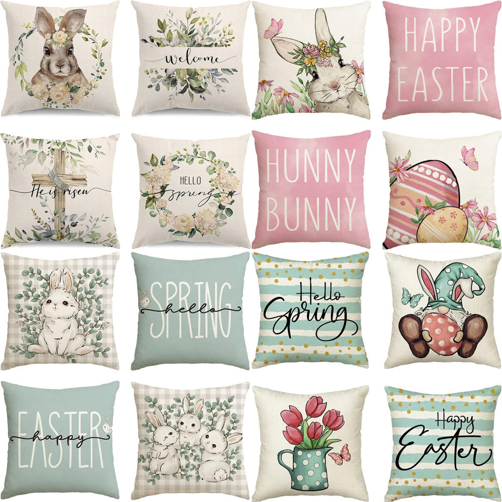 Customizable Easter Bunny Pillow Covers, 18x18 Inch, Bunny & Eggs Design, Woven Polyester, Decorative Cushion Covers for Living Room, Sofa, Bedroom