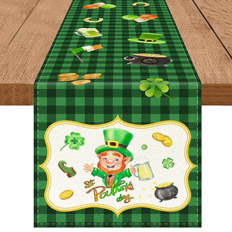 Customizable St. Patrick'S Day Linen Table Runner, 100% Woven Linen Rectangular Table Decor, with Shamrock Clover Design, for Irish Themed Parties, Holiday Dining, Indoor & Outdoor Use, Available in Multiple Sizes