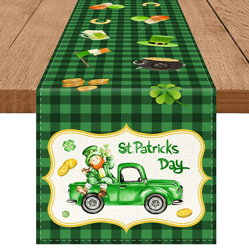 Customizable St. Patrick'S Day Linen Table Runner, 100% Woven Linen Rectangular Table Decor, with Shamrock Clover Design, for Irish Themed Parties, Holiday Dining, Indoor & Outdoor Use, Available in Multiple Sizes