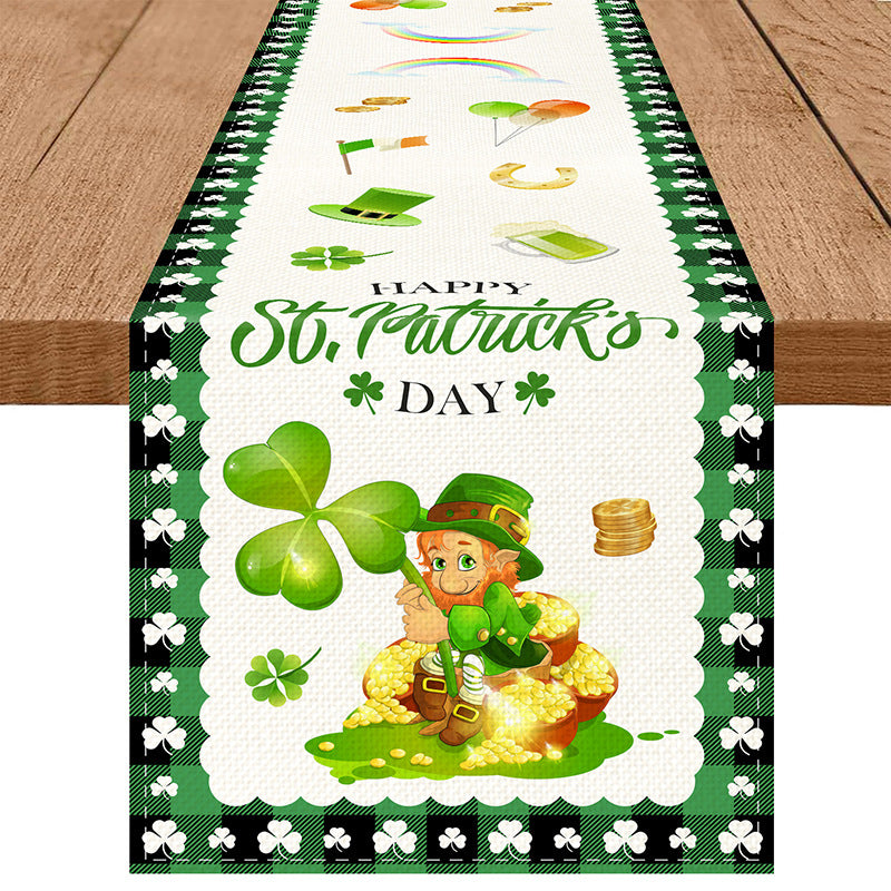 Customizable St. Patrick'S Day Linen Table Runner, 100% Woven Linen Rectangular Table Decor, with Shamrock Clover Design, for Irish Themed Parties, Holiday Dining, Indoor & Outdoor Use, Available in Multiple Sizes