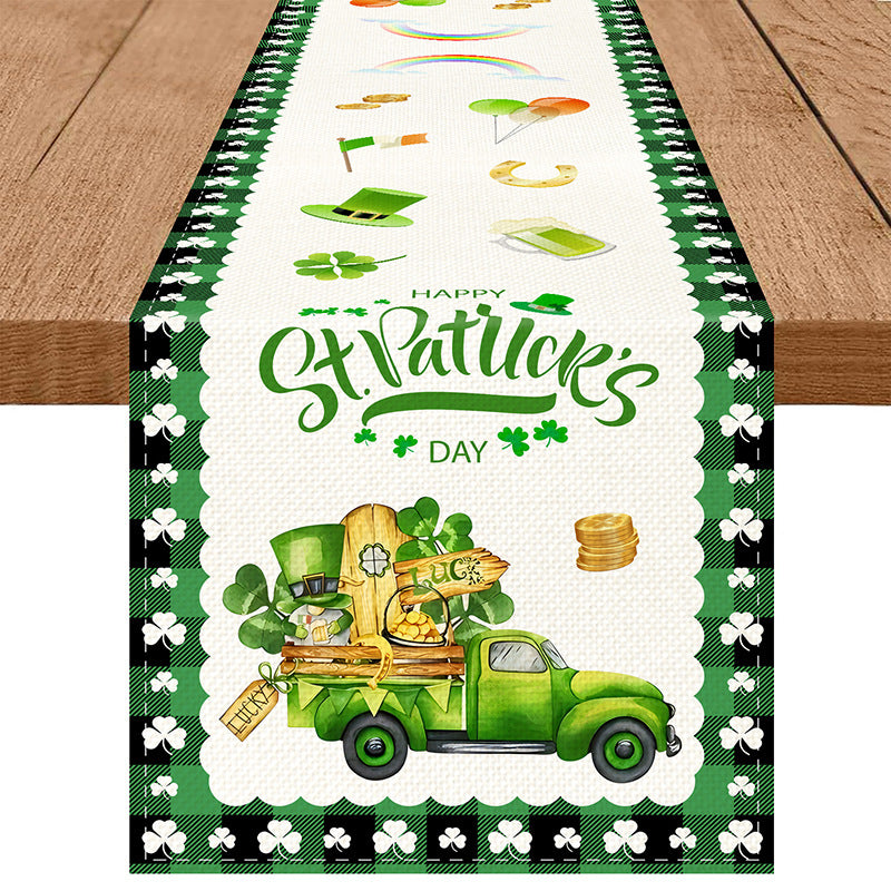 Customizable St. Patrick'S Day Linen Table Runner, 100% Woven Linen Rectangular Table Decor, with Shamrock Clover Design, for Irish Themed Parties, Holiday Dining, Indoor & Outdoor Use, Available in Multiple Sizes